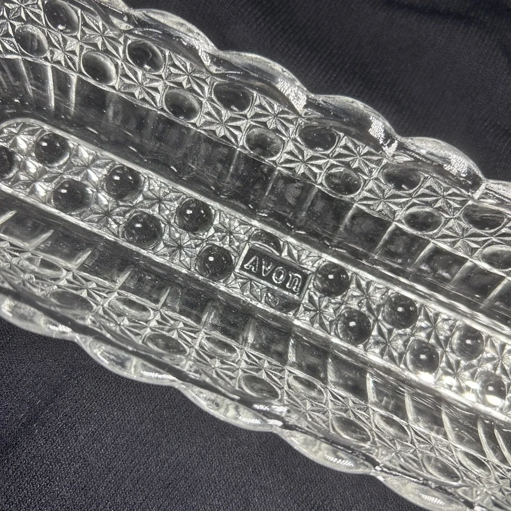 Vintage 1970s Avon Clear Glass Daisy‎ & Button Relish Celery Serving Dish Oblong